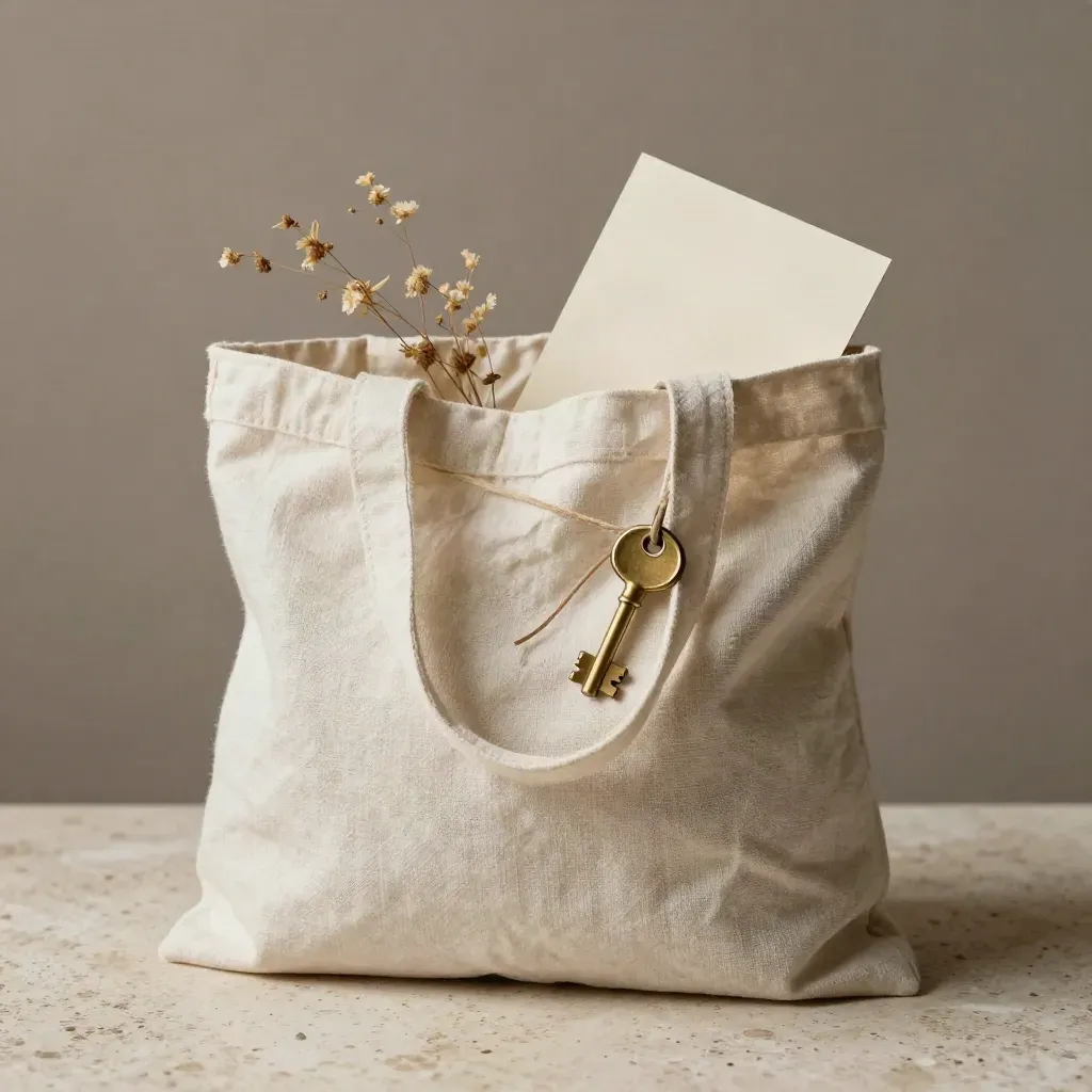 Borsa tote in lino avorio con pacco legato, chiave e fiori secchi su travertino.
