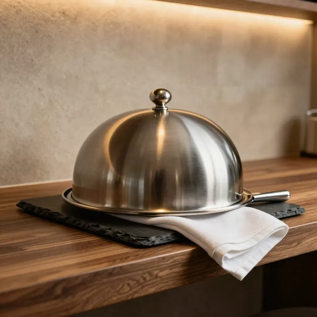 Cloche in metallo spazzolato, tovagliolo bianco e coltello su sottopiatto scuro, con vapore caldo.