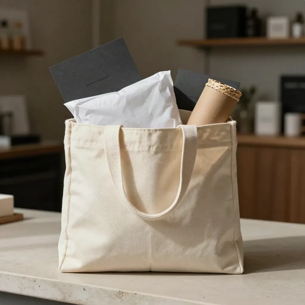 Borsa shopper avorio con pacchi sigillati, velina piegata e tubolare di carta su ledge chiaro.