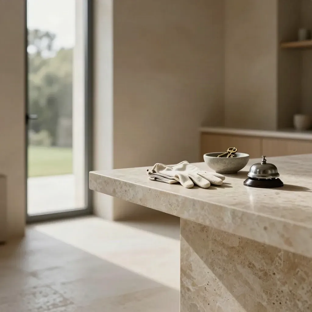 Salone luminoso in pietra e travertino con guanti bianchi, chiavi e tavolo vuoto