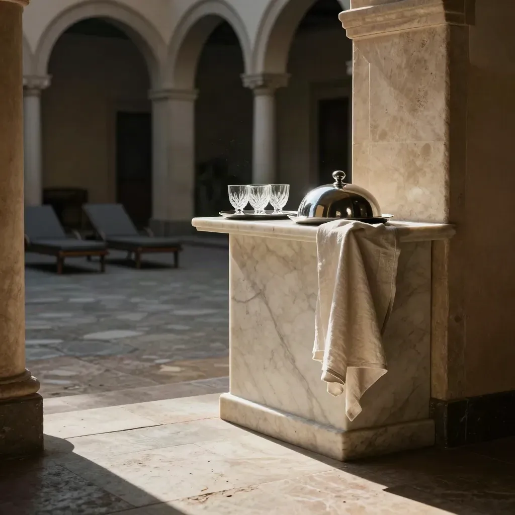 Cortile di palazzo con arcate, marmo e sedute lontane in ombra, luce serale calda.