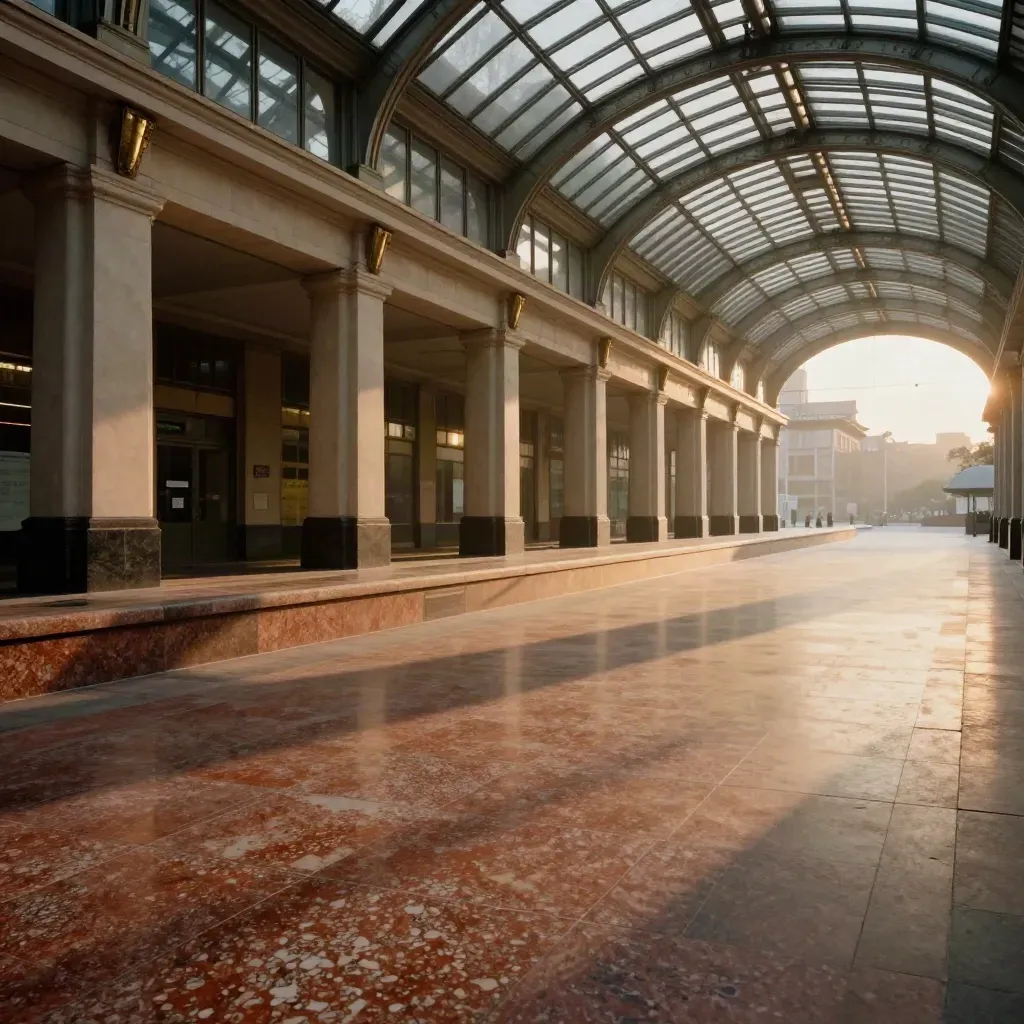 Stazione storica in travertino al tramonto, con grandi vetrate e binario pulito in alto.